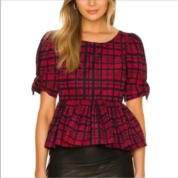 LoveShackFancy Keily Puff-Sleeve Peplum Top Blouse Moody Ruby Plaid Coquette 2 - Picture 2 of 11